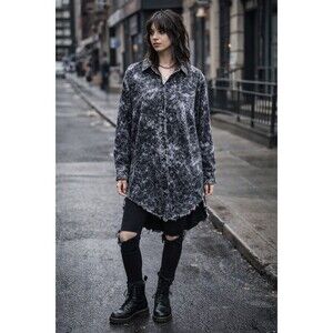 Thrill Jeans Women’s XL Black Raw Edge Grunge Oversized Corduroy Button Up Tunic